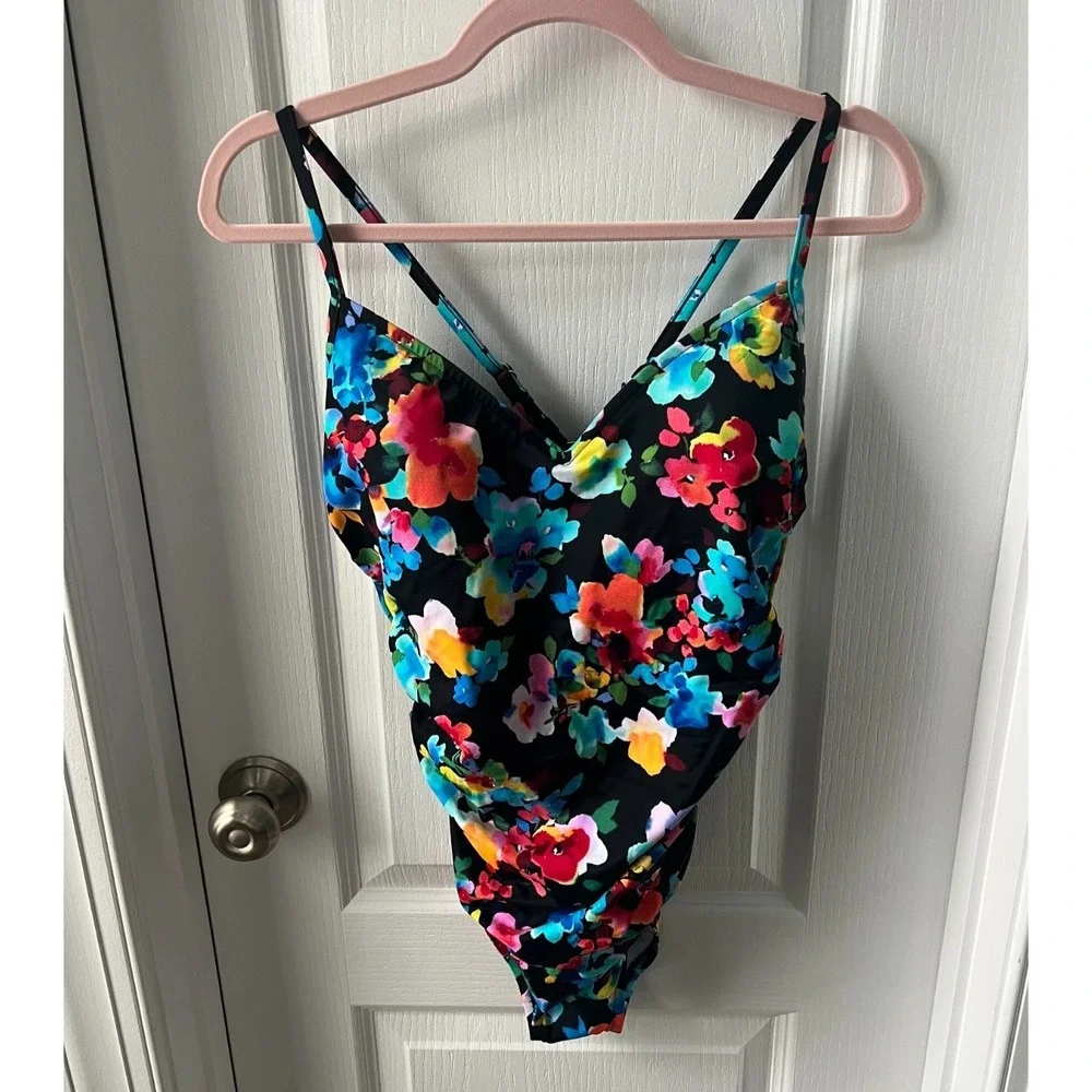 Aqua Green Floral One Piece Swim Bathing Suit‎ Size L NEW